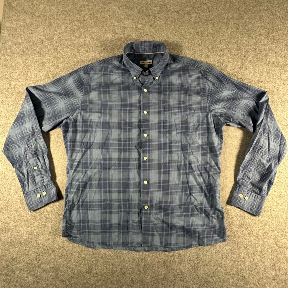Peter Millar Button Down Shirt Large Blue Mens Plaid Cotton Stretch Golf Sport